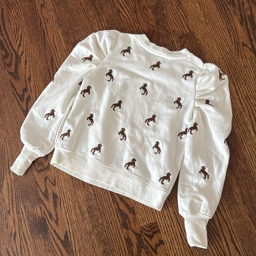 Maeve Puff-Sleeve Embroidered Sweatshirt Equestrian Horse Ivory Print - Picture 8 of 8